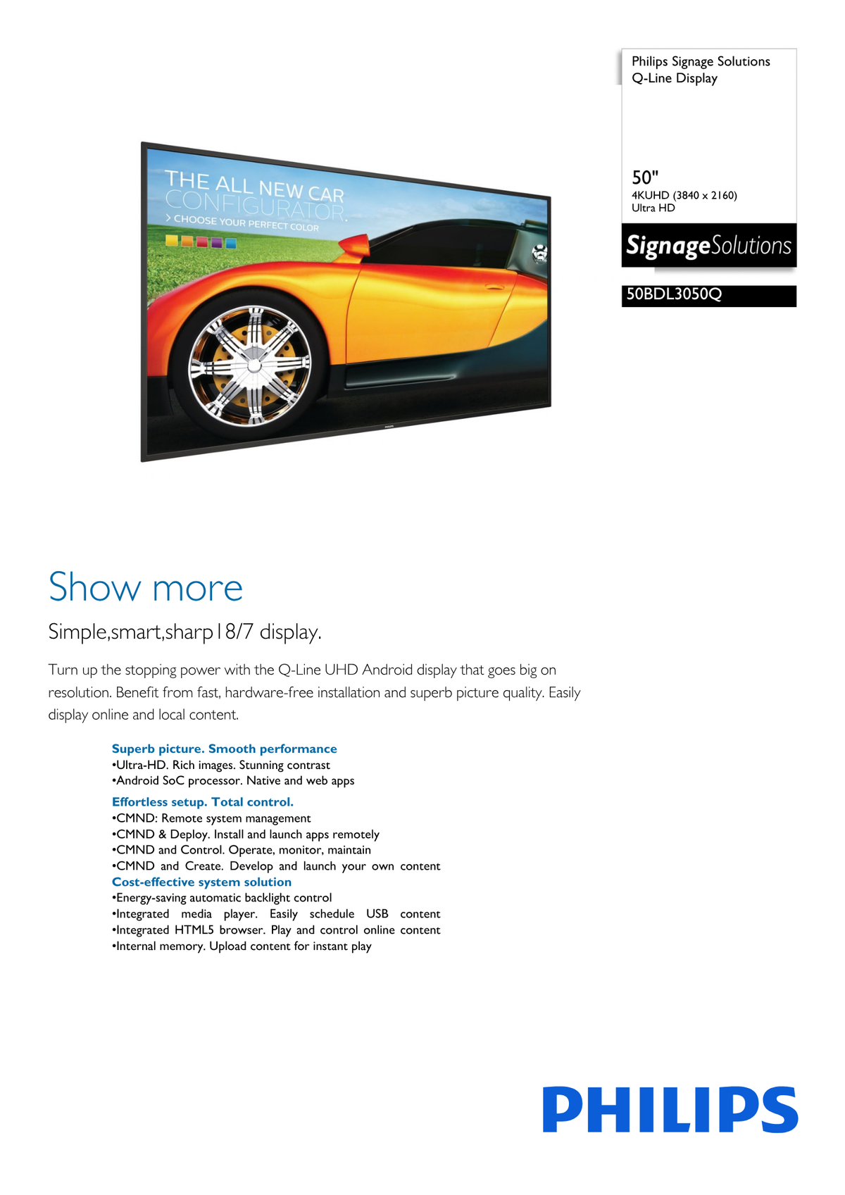 50BDL3050Q - 50-inch class (49.5" viewable) 4K UHD commercial smart LED display built for digital signage