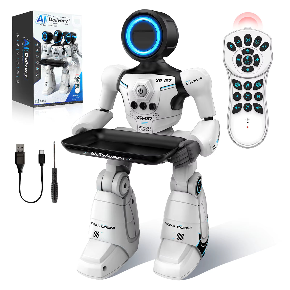 AI Interactive Robot Toy with Food Delivery Tray – Voice Control, Gesture Sensing, Dancing & LED Lights