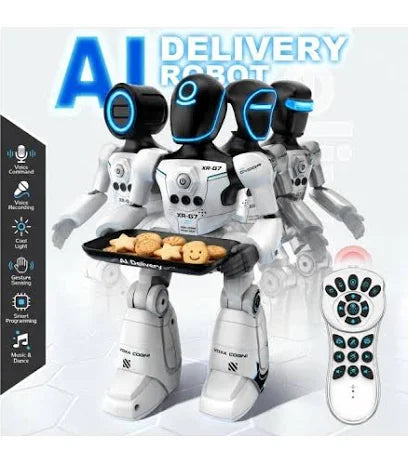AI Interactive Robot Toy with Food Delivery Tray – Voice Control, Gesture Sensing, Dancing & LED Lights